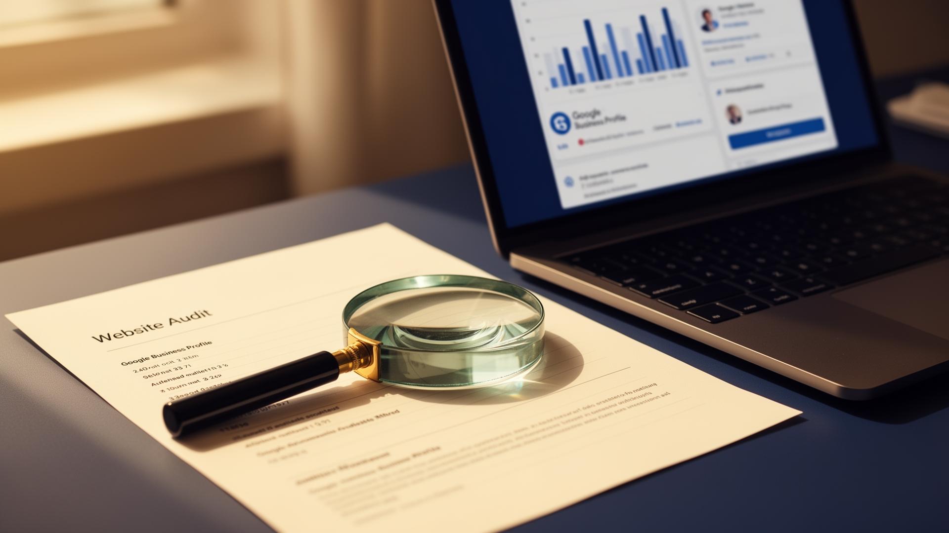 A printed website audit report next to a laptop showing analytics and a Google Business Profile