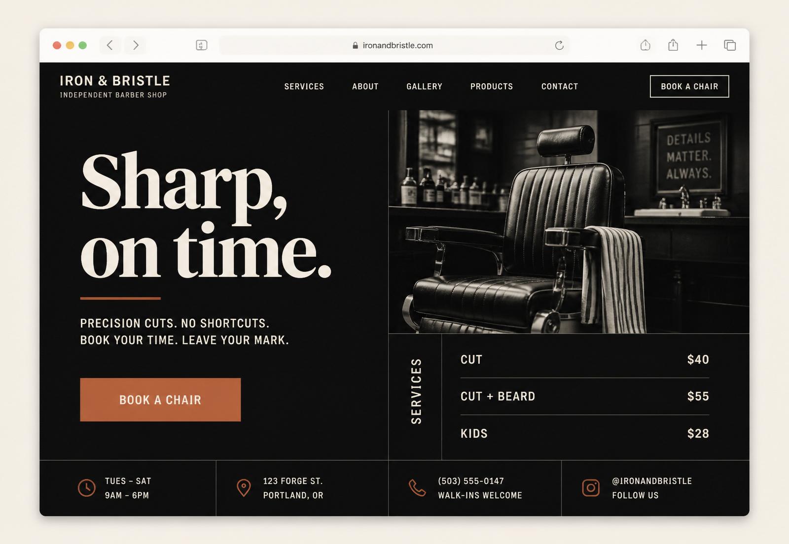 Concept barber shop website hero showing chairs and a Schedule an Appointment CTA