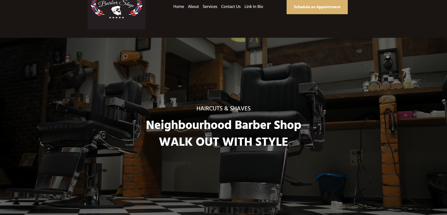 Concept barber shop website hero showing chairs and a Schedule an Appointment CTA
