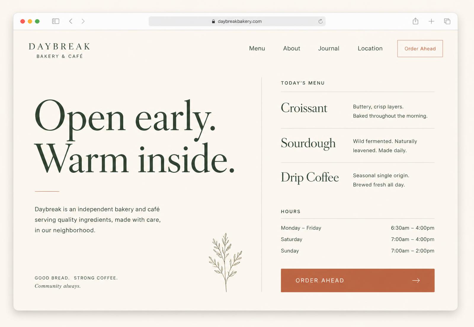 Concept café website with a warm full-bleed hero image and a Contact Us CTA