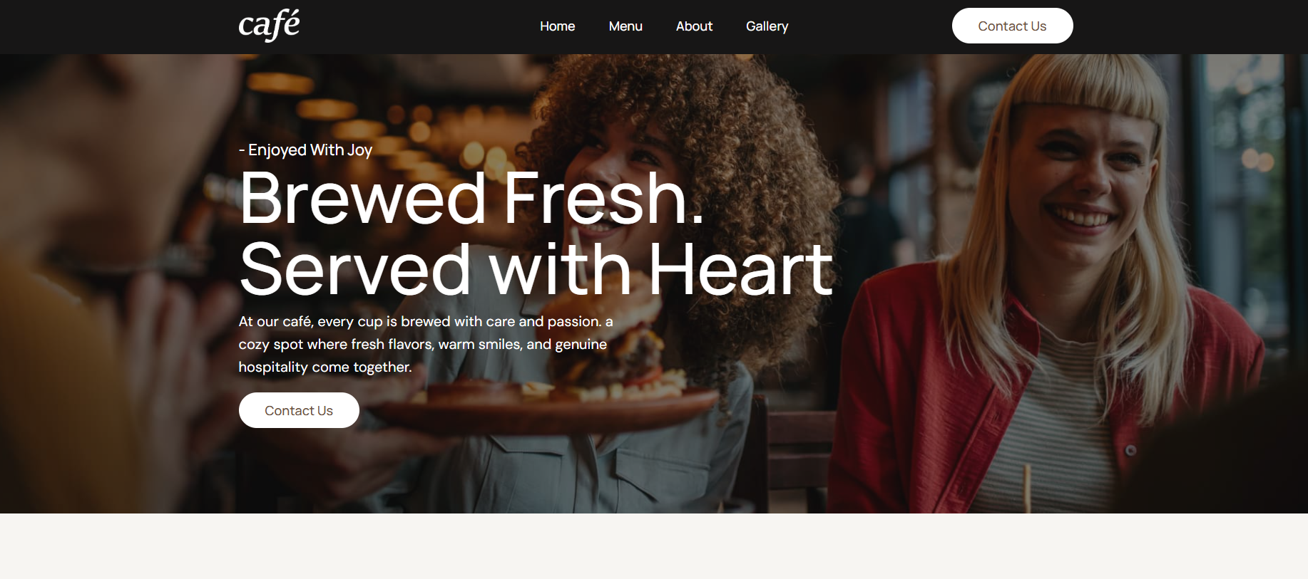 Concept café website with a warm full-bleed hero image and a Contact Us CTA