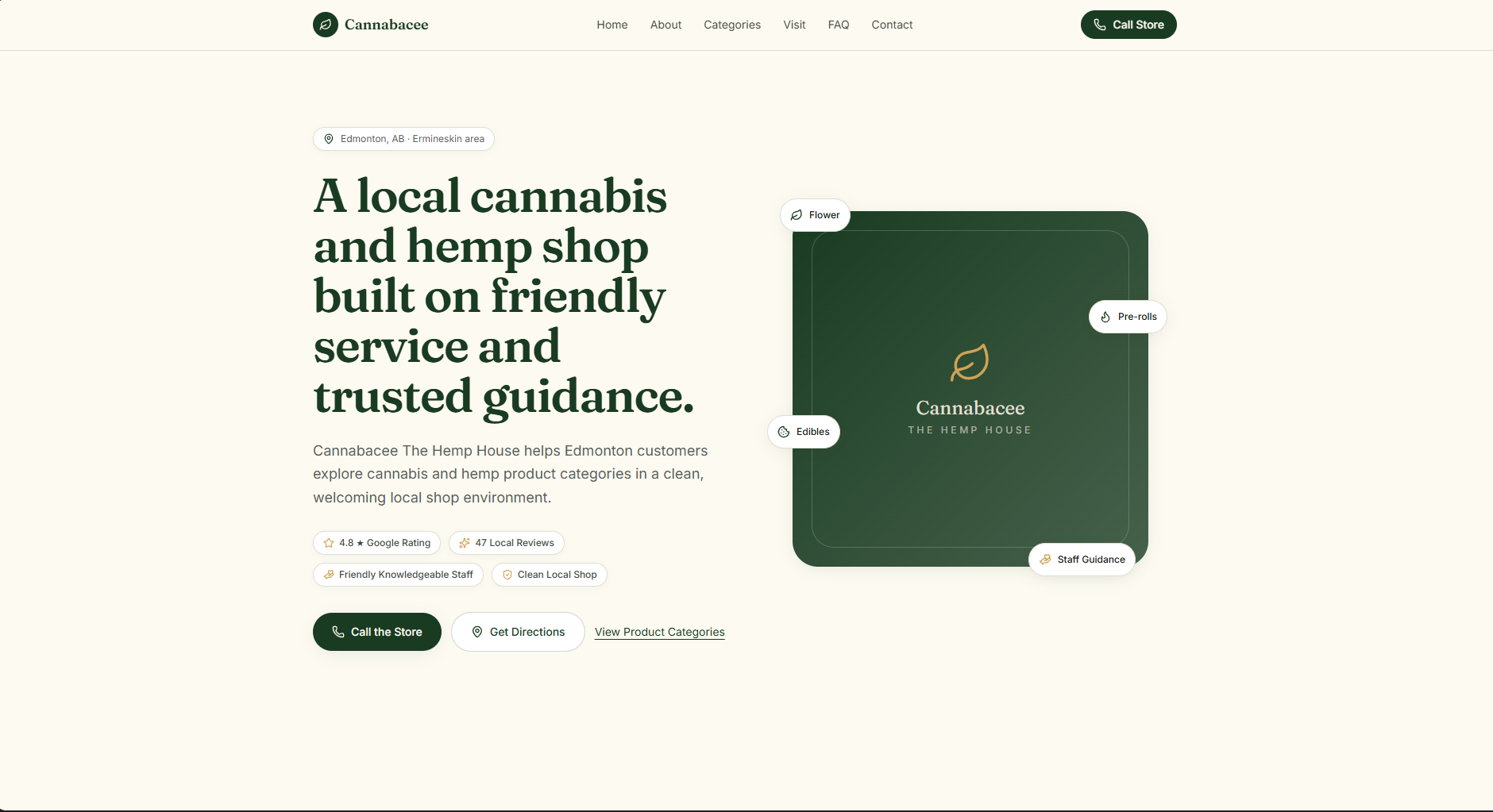 Clean modern cannabis retail interior with minimal shelving and green plant accents