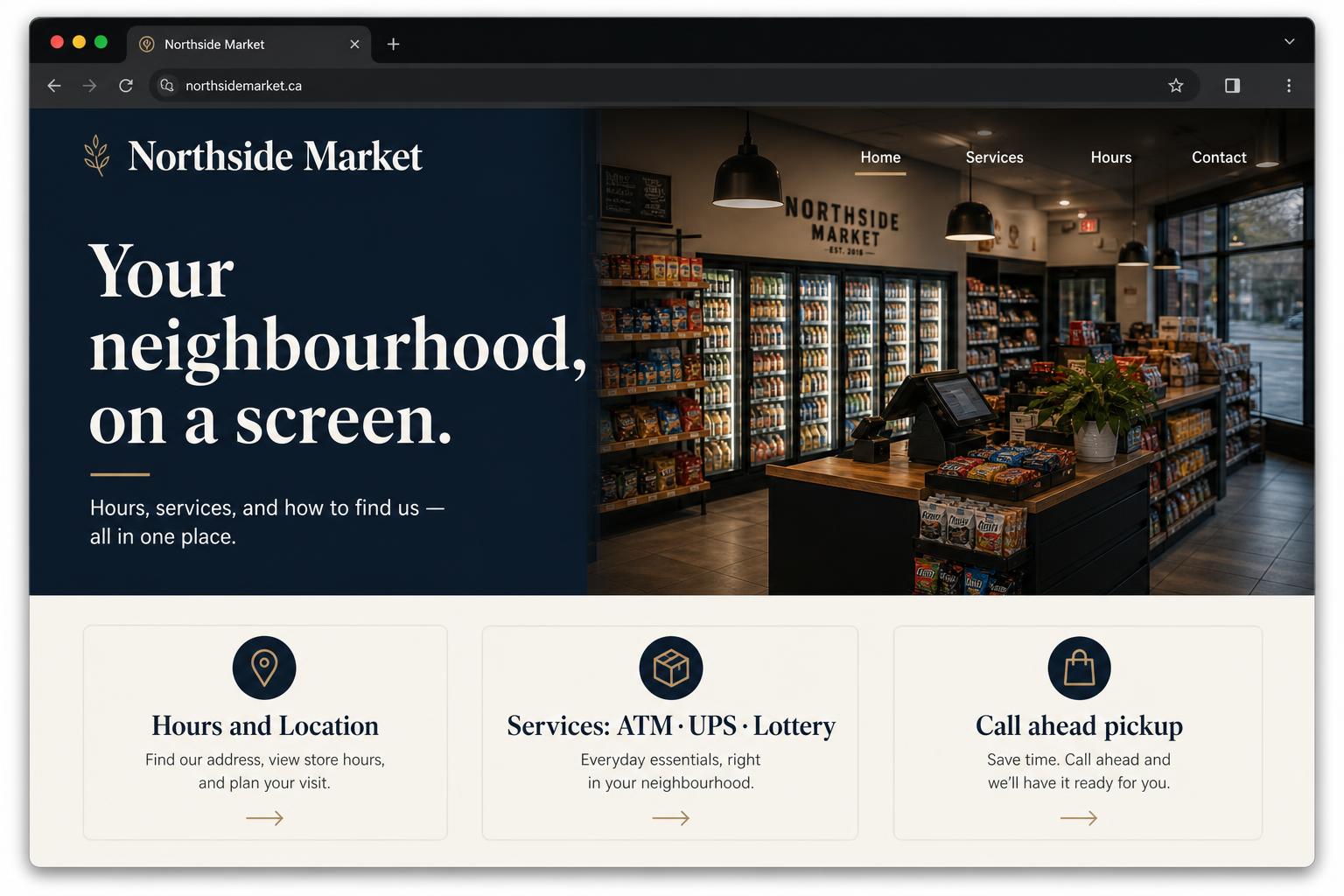Concept local shop website with hours, services, and call-ahead pickup cards