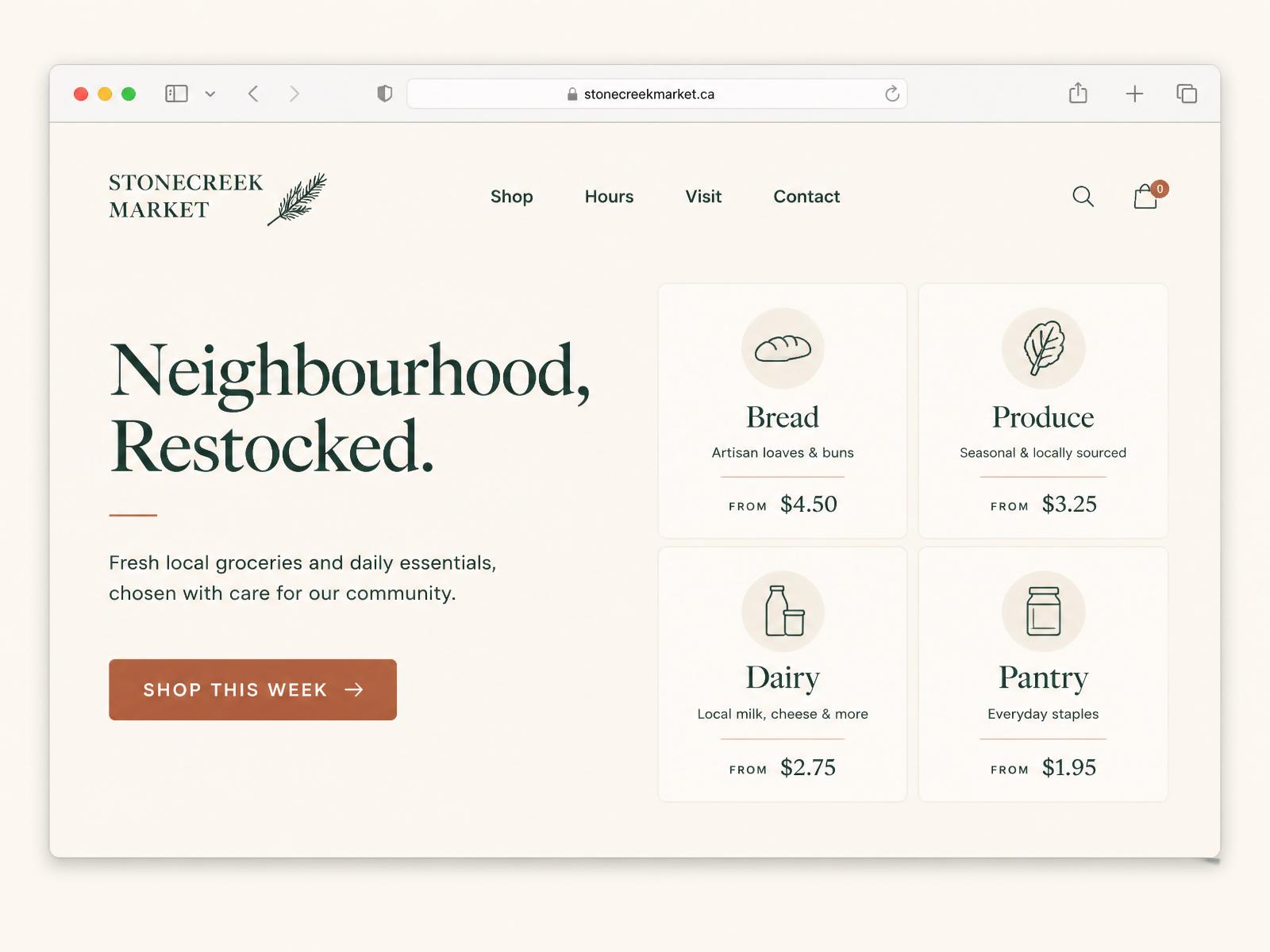 Concept local shop website with hours, services, and call-ahead pickup cards