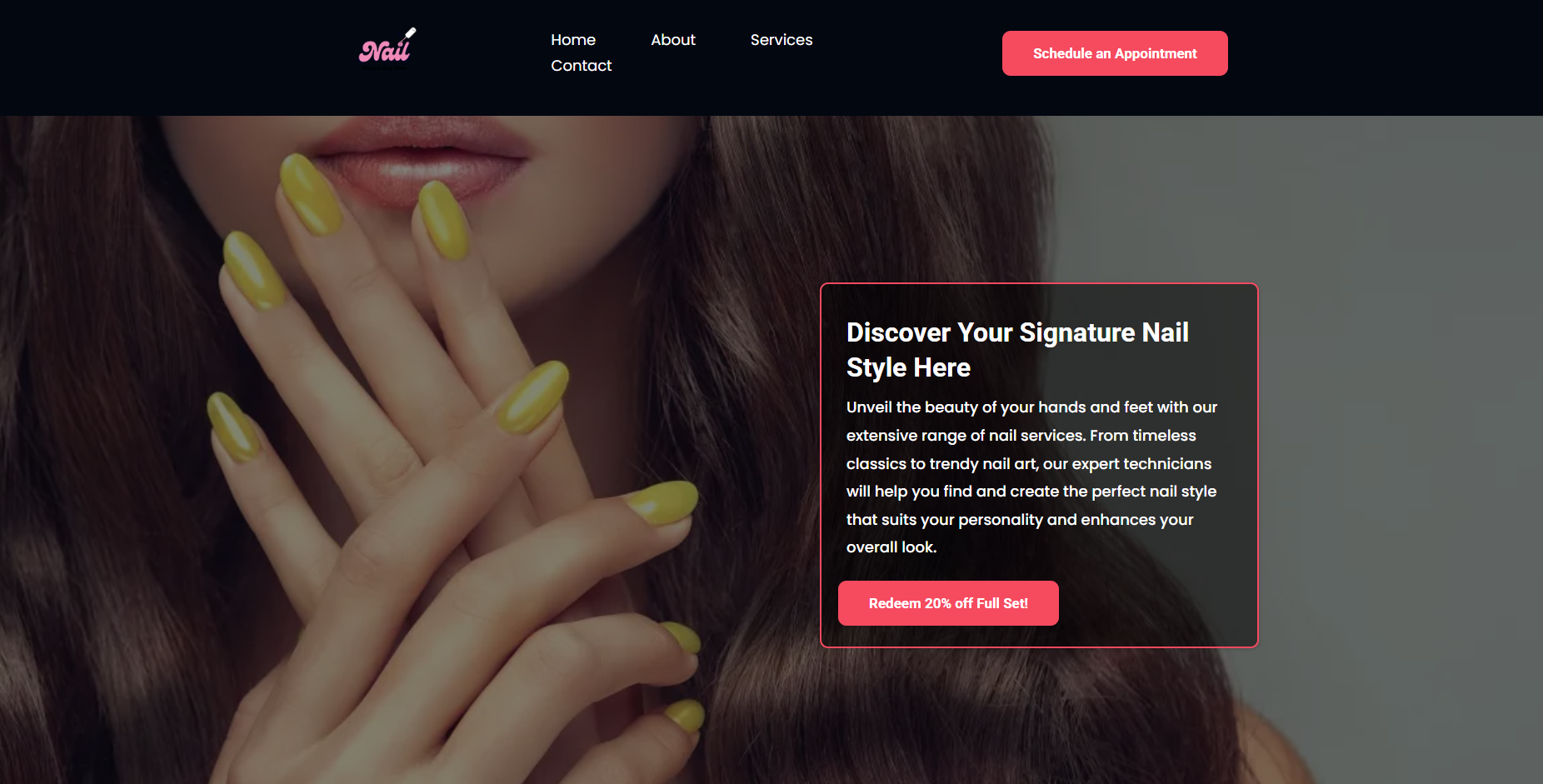 Concept nail salon website with services, gallery, and appointment CTA
