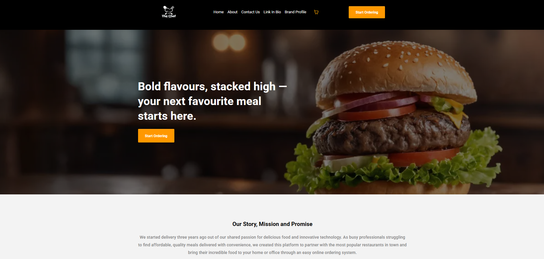 Concept restaurant website showing a mobile-friendly menu grid with popular dishes and pricing