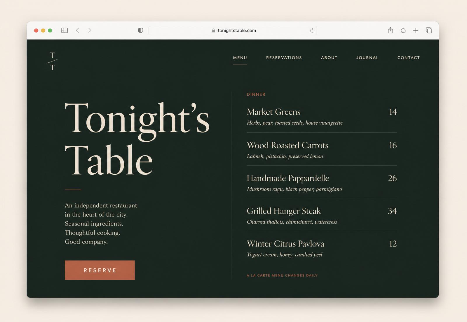 Concept restaurant website showing a mobile-friendly menu grid with popular dishes and pricing