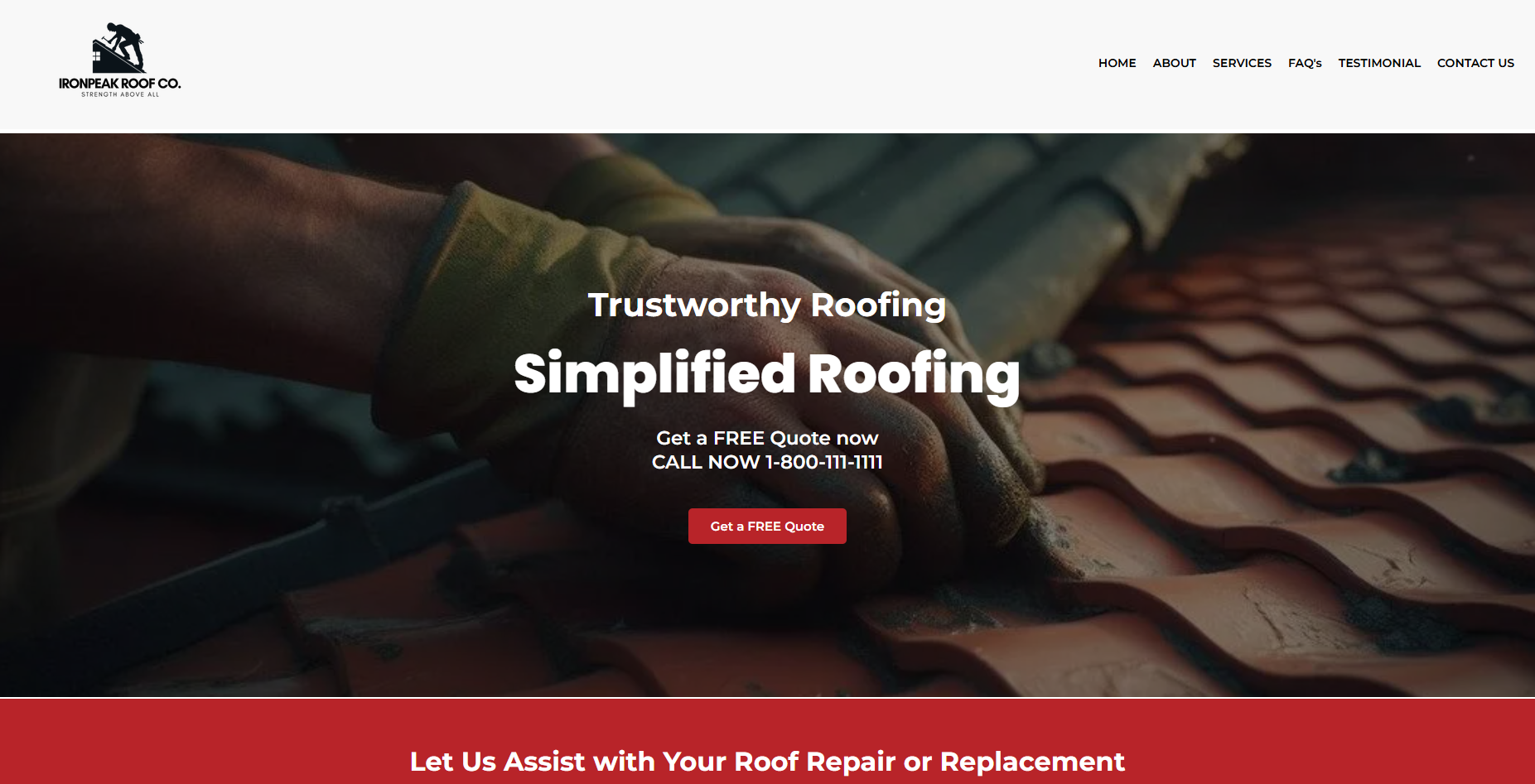 Concept roofing / trades website hero with bold call-to-action and trust messaging