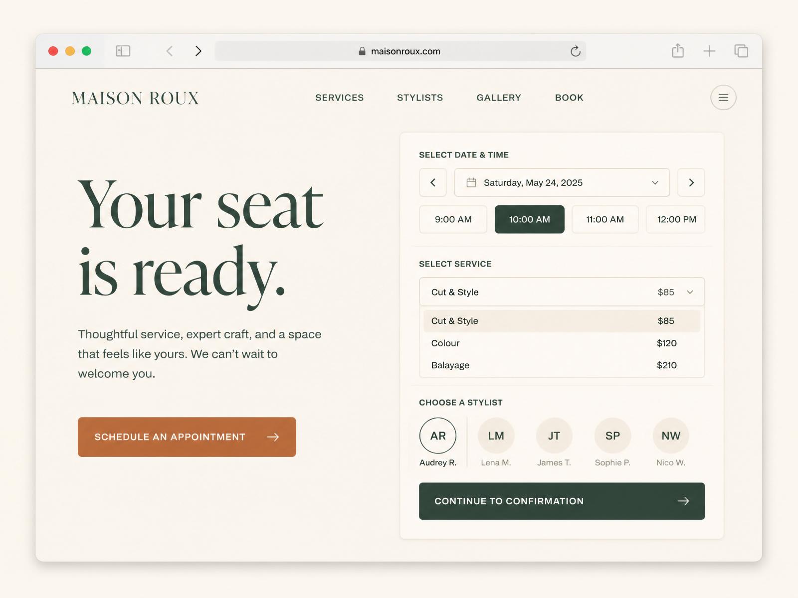 Concept salon website with an editorial hero, date and service selector, and Schedule an Appointment CTA