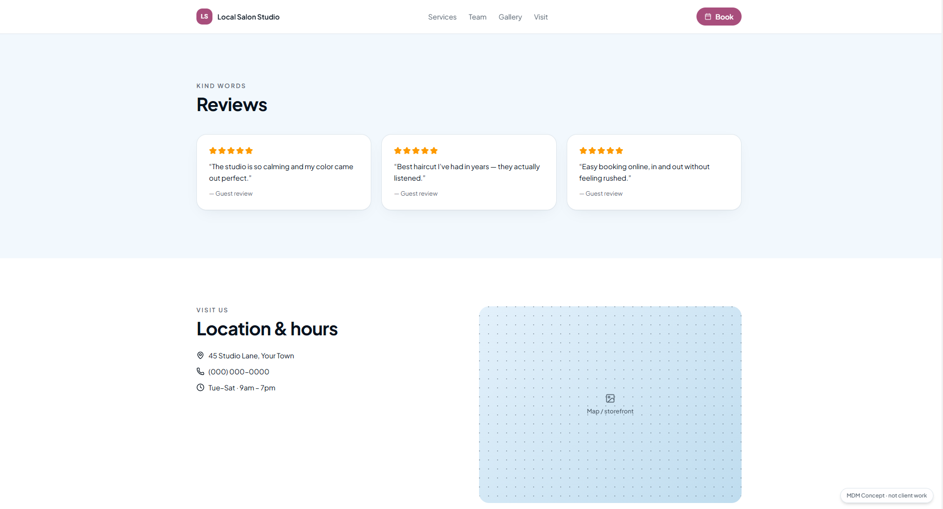 Concept salon website showing services, pricing, and a booking CTA