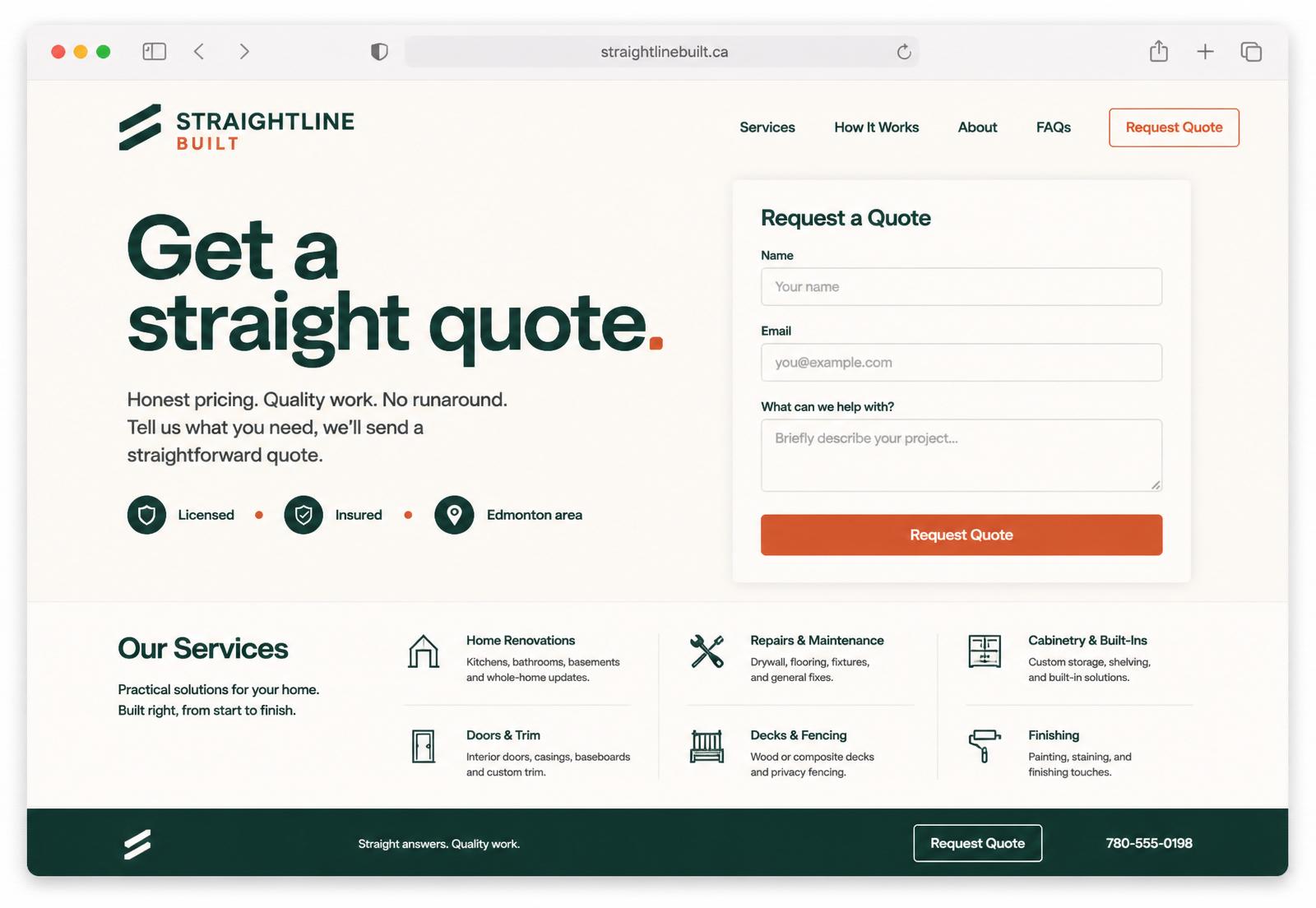 Concept trades website with a bold headline and a short quote request form